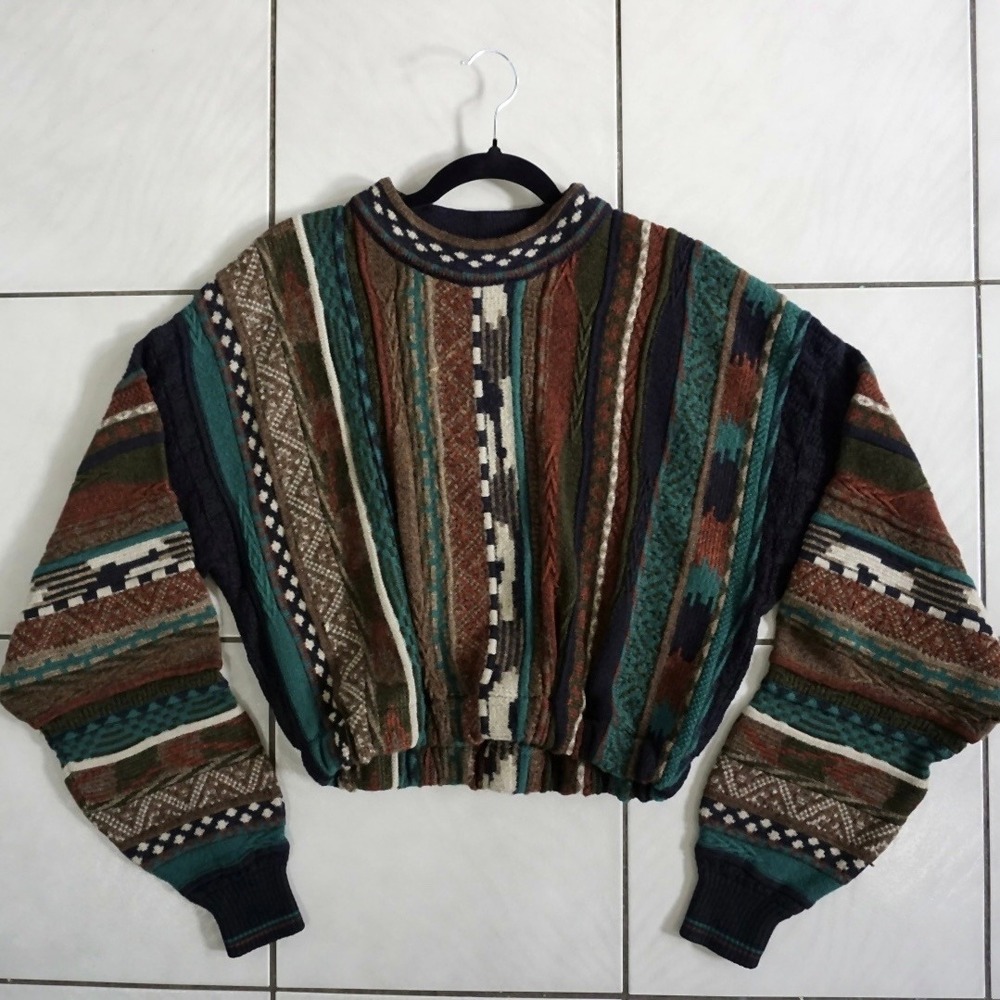 Vintage 1990s Tosani 3D Textured Knit Cropped Sweater Made in Canada